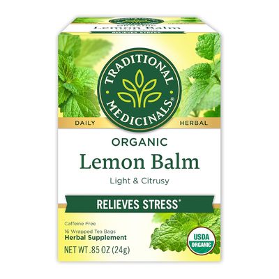 تراديشونال ميديسينالز شاي بلسم الليمون يساعد على تخفيف التوتر خالي من الكافيين عضوي - 16 كيس - 24 جرام