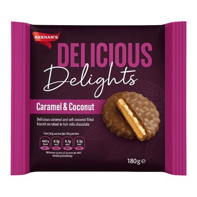 Keenan's Delicious Delights Biscuits Filled with Caramel and Coconut Covered In Milk Chocolate (Imported) - 180g