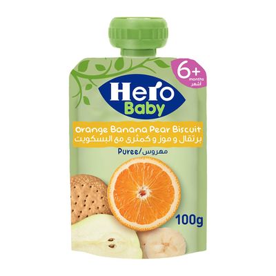 هيرو بيبي طعام أطفال مهروس البرتقال و الموز و الكمثرى مع البسكويت + 6 أشهر - 100 جرام