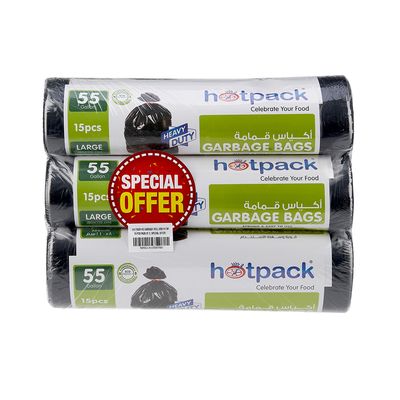 Hotpack Trash Bags Large 55 Gallon 15 Pieces × 3