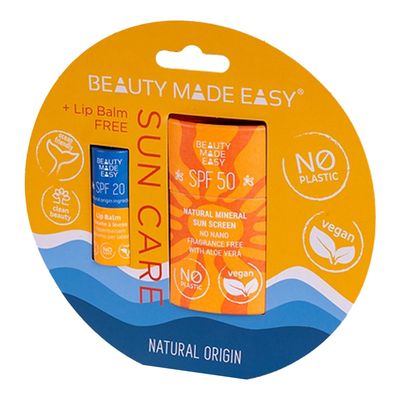Beauty Made Easy Natural Face Sun Screen With Aloe Vera SPF+50 With Lip Palm SPF20 Free - 1Pack