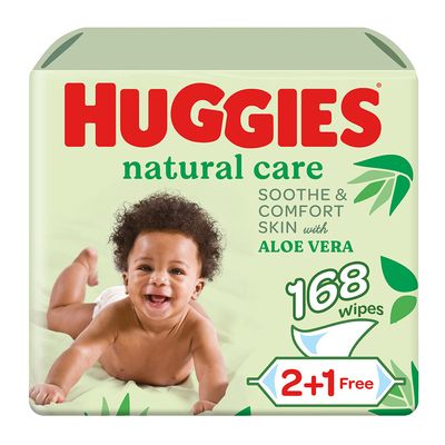 Huggies Baby Wipes Natural Care With Aloe Vera 2+1 Free 168 Pieces