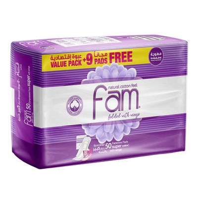 Fam Sanitary Napkin Super Cotton Feel With Wings 41+9 Free