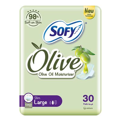 Sofy Sanitary Pads With Olive Oil Moisturizing Large With Wings 30 Pieces