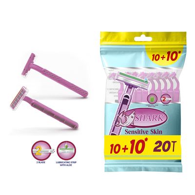 Shark Disposable Razors 2 Blades For Women Fixed Head Plastic Handle With Lubricating Strip - 20 Pieces (10+10)