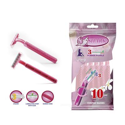 Shark Disposable Razors 3 Blades For Women Fixed Head Rubber Handle With Lubricating Strip - 10 Pieces