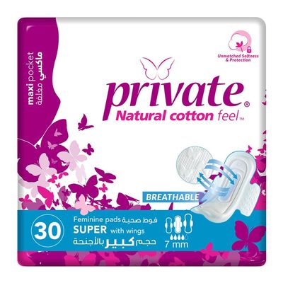 Private Sanitary Napkin Maxi Pocket Super With Wings 30 Pieces