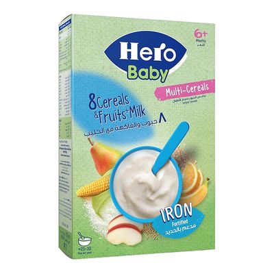 هيرو بيبي طعام أطفال 8 حبوب و فاكهة مع الحليب مدعم بالحديد + 6 أشهر - 150 جرام
