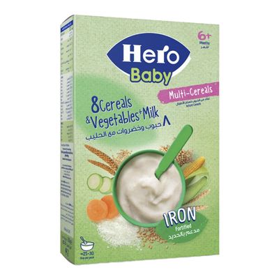 هيرو بيبي طعام أطفال 8 حبوب و خضروات مع الحليب مدعم بالحديد + 6 أشهر - 150 جرام
