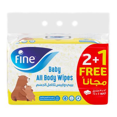 Fine Baby Wipes With Chamomile & Aloe Vera 72 Pieces × 3