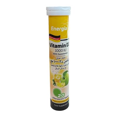 Energia Vitamin D3 (1000 IU) Effervescent Tablets Apple & Lemon Flavor with Sweeteners - 20Tablets