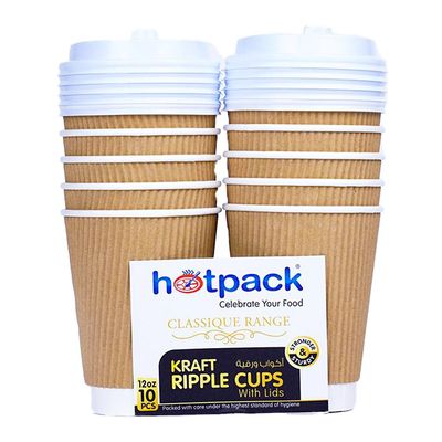 Hotpack Paper Cups Kraft Ripple With Lids 10 Pieces