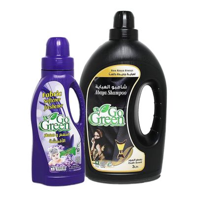 Go Green Abaya Shampoo For Dark Clothes Oudh Scent 2 L + Fabric Softener Lavander Scent 1 L