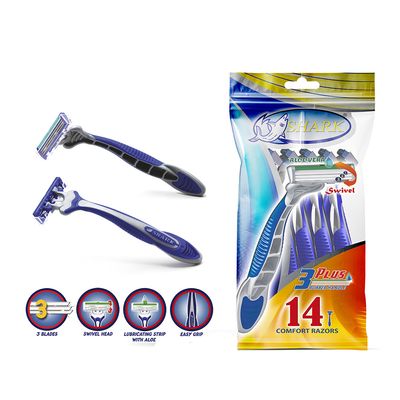 Shark Disposable Razor 3 Blades Swivel Head Long Rubber Handle With Lubricating Strip - 14 Pieces