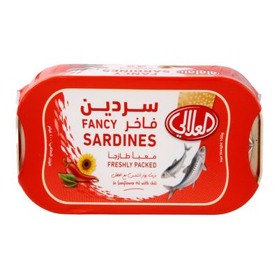 العلالي سردين فاخر بزيت دوار الشمس مع الفلفل الحار 100 جرام
