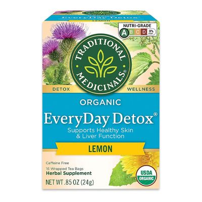 تراديشونال ميديسينالز شاي عشبي بالليمون إيفري داي ديتوكس يدعم صحة البشرة ووظائف الكبد خالي من الكافيين عضوي- 16 كيس - 24 جرام