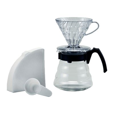 Skol Coffee Maker Set –includes V60 Dripper- Glass Server- Measuring Spoon- And Filter Papers - 4pcs
