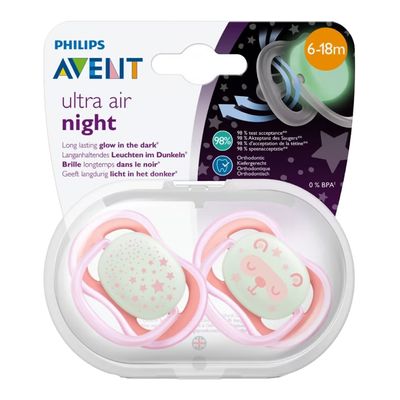 Avent Philips Rubber Pacifier Night Time Ultra Air For Girls 6-18 Months 2 Pieces