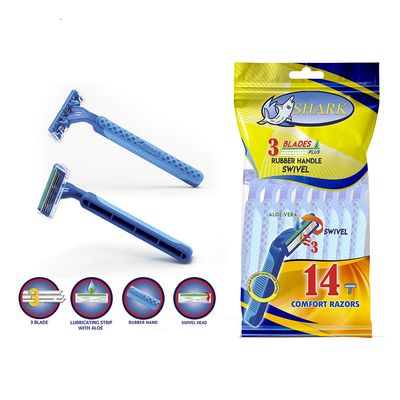 Shark Disposable Razors 3 Blades Swivel Head Rubber Handle with Lubricating Strip - 14 Pieces