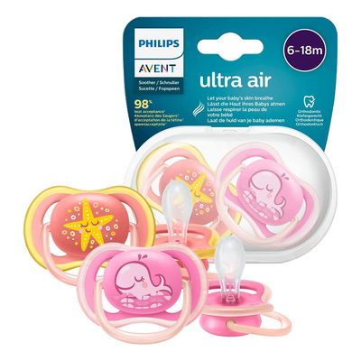 Avent Philips Rubber Pacifier Ultra Air Freeflow Assorted Designs 6-18 Months 2 Pieces