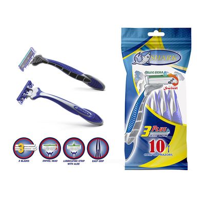 Shark Disposable Razor 3 Blades Swivel Head Long Rubber Handle With Lubricating Strip - 10 Pieces