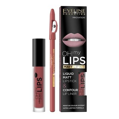 Eveline Oh! My Lips Liquid Matte Lipstick and Contour Lip Liner - No.15 Deep Coral